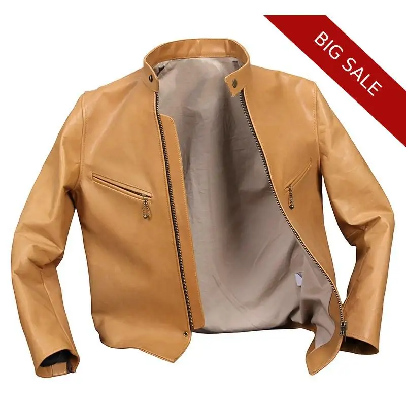 

2020 Yellow Men Retro Japan Style Biker's Leather Jacket Plus Size XXXL Genuine Cowhide Autumn Slim Fit Motorcycle Leather Coat