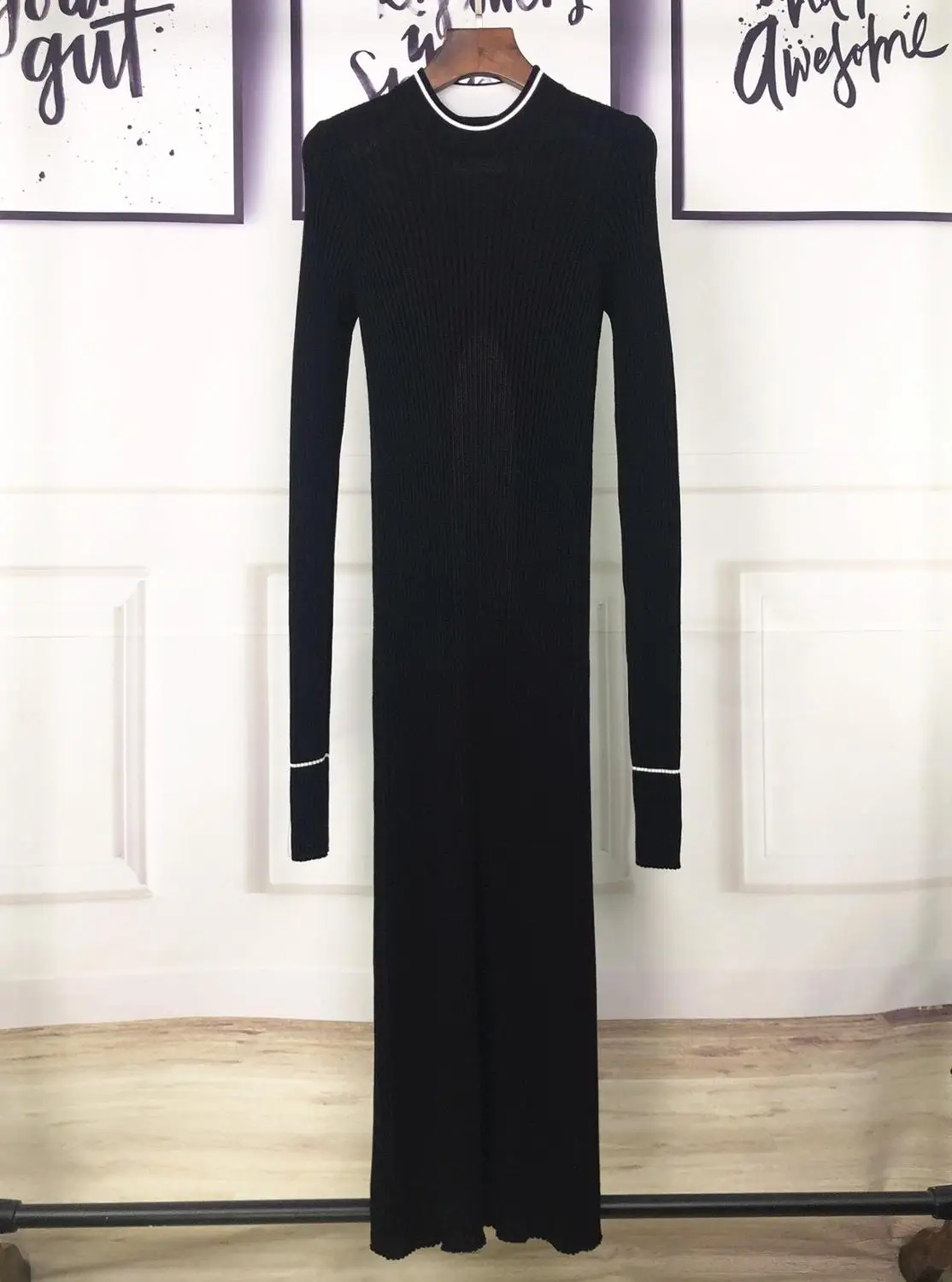 

2019 high quality women 100% wool knitted dress female long sleeve slim slit dress gdnz 9.22