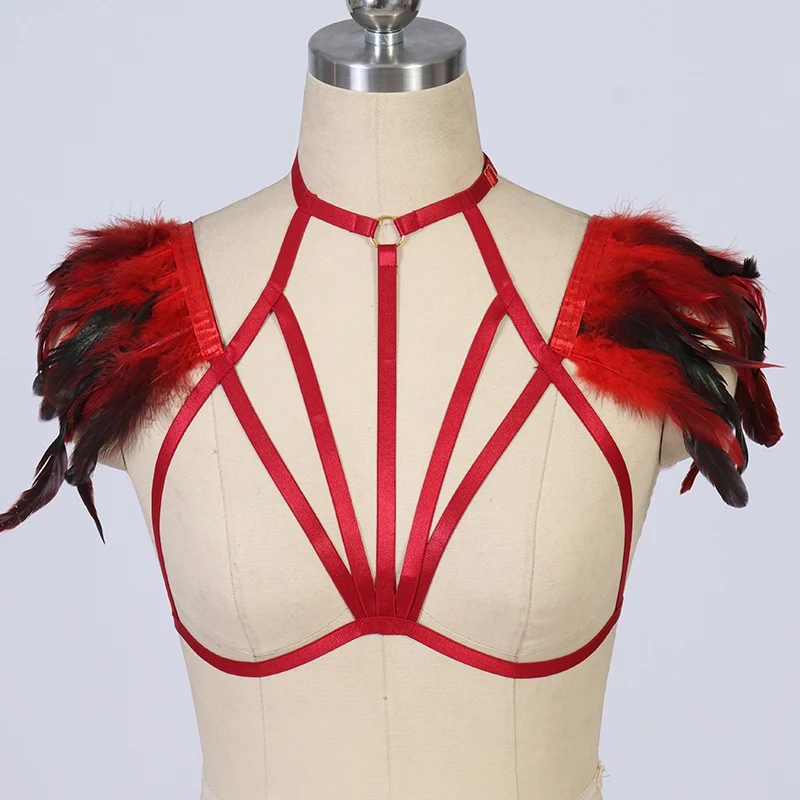 

JLX.HARNESS Feather Sexy Lingerie Bra Body Cage Belt Red Punk Feather Angel Wings Harness Bra Woman Bondage Body Harness