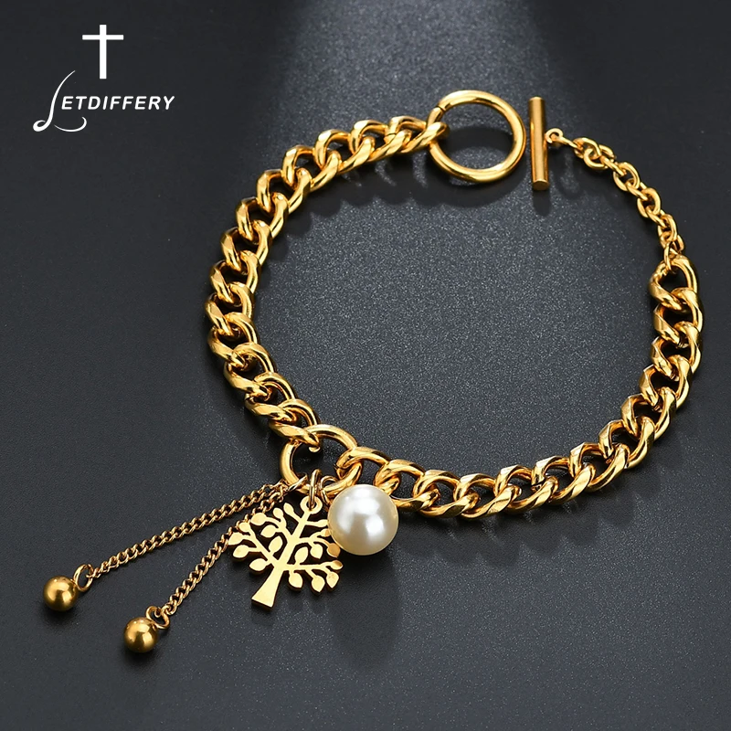 Letdiffery нержавеющая сталь золотое дерево кулон браслет имитация жемчуга бусины кисточкой цепи браслеты бижутерия в подарок на Рождество