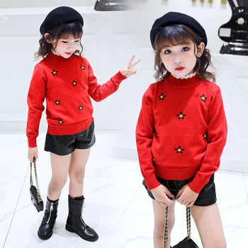 

Girl Flower Turtleneck Sweater 2019 Child Knitting Unlined Upper Garment Knit Pullover