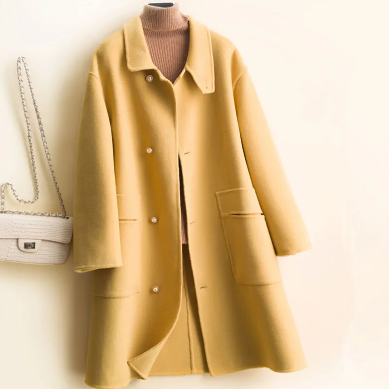 

Good quality jacket lady 100% Wool coat New loose yellow coats cashmere coat women's wool coat long wool coat lazy baby collar