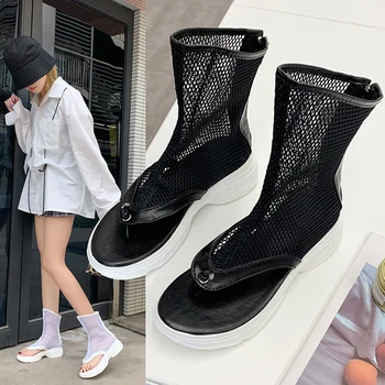 

Lace Denim Women's Sandals With Laces Flip Flops Platform shoes Suit Female Beige Fashion Womens Shoes 2020 All-Match Med Clogs