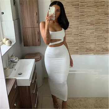 

2 Layers Long Skirts Two Piece Set Summer Party Wear Women Two Piece Outfits Sexy Sleeveless Plus Size 2 Piece Skirt Set 2020