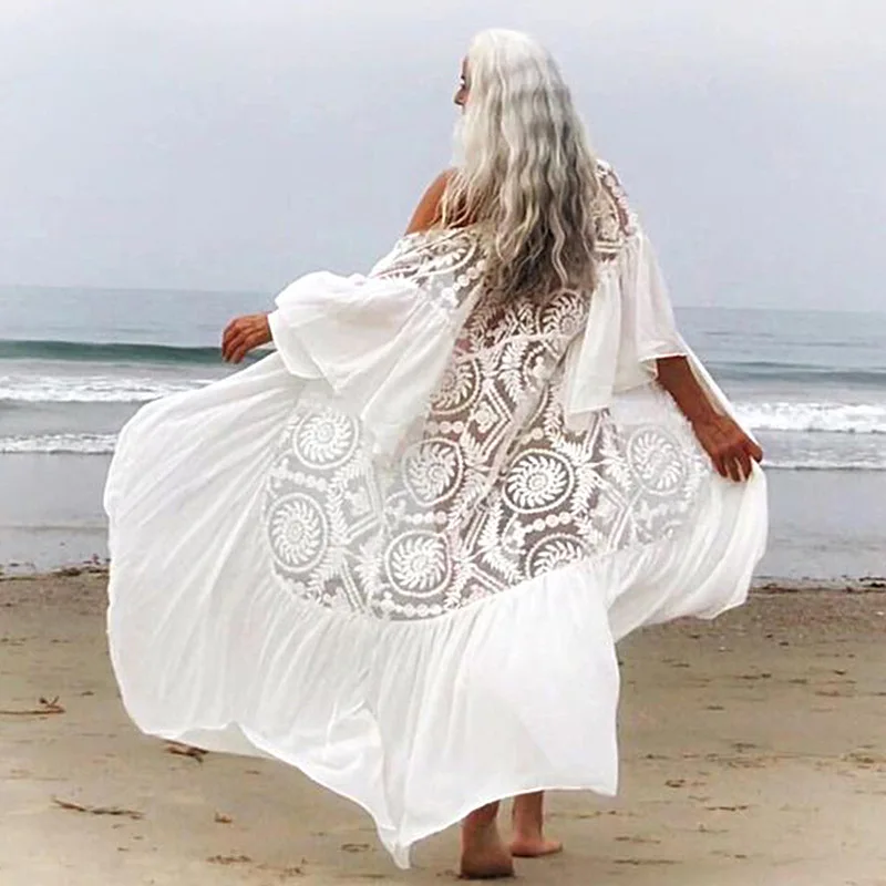 Sexy White Lace Beach Cover Up Swimwear Women Patchwork Plage Pareo Beach Cape Beachwear Bikini Coverups Saida De Praia photo