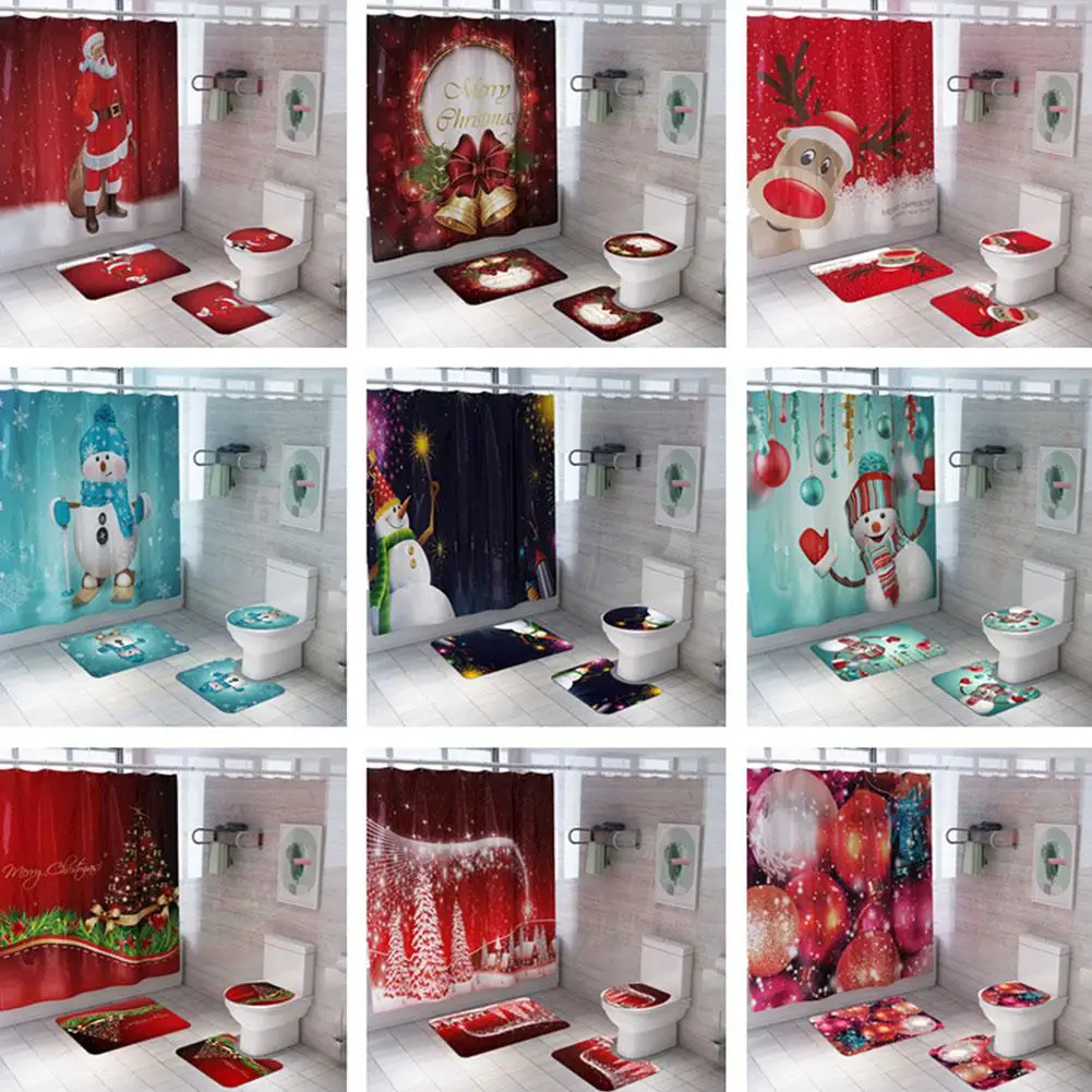 

4Ppcs Christmas Santa Claus/Snowman/Christmas Tree Printing Shower Curtain+Floor Mat+Toilet Seat Cover+Foot Pad Sets