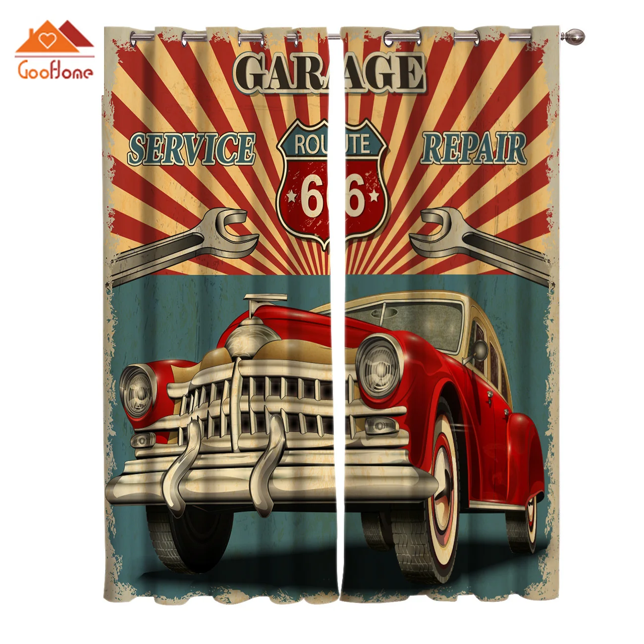 Classic Poster Retro Car Route 66 Window Curtains Living Room Outdoor Fabric Drapes Curtain Home