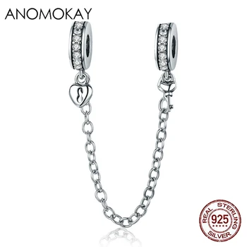 

Anomokay Authentic 925 Sterling Silver Stackable Love Heart Dangle Safety Chain Charm fit Bracelet for Women Lovers DIY Jewelry