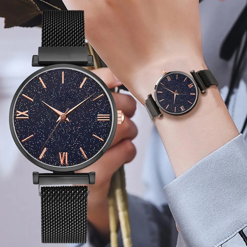 

Women Watch Women Mesh Magnet Buckle Starry Sky Luxury Ladies Watch Surface Roma Dial Quartz Watch Wrist Watch Relogio Feminino