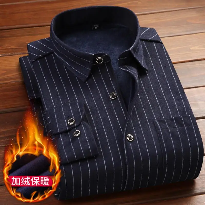 Dark blue Новинка, мужские зимние Клетчатые Фланелевые меховые плотные Рабочие Рубашки с длинным рукавом, флисовые теплые рубашки с длинным рукавом для мужчин - Цвет: Dark blue