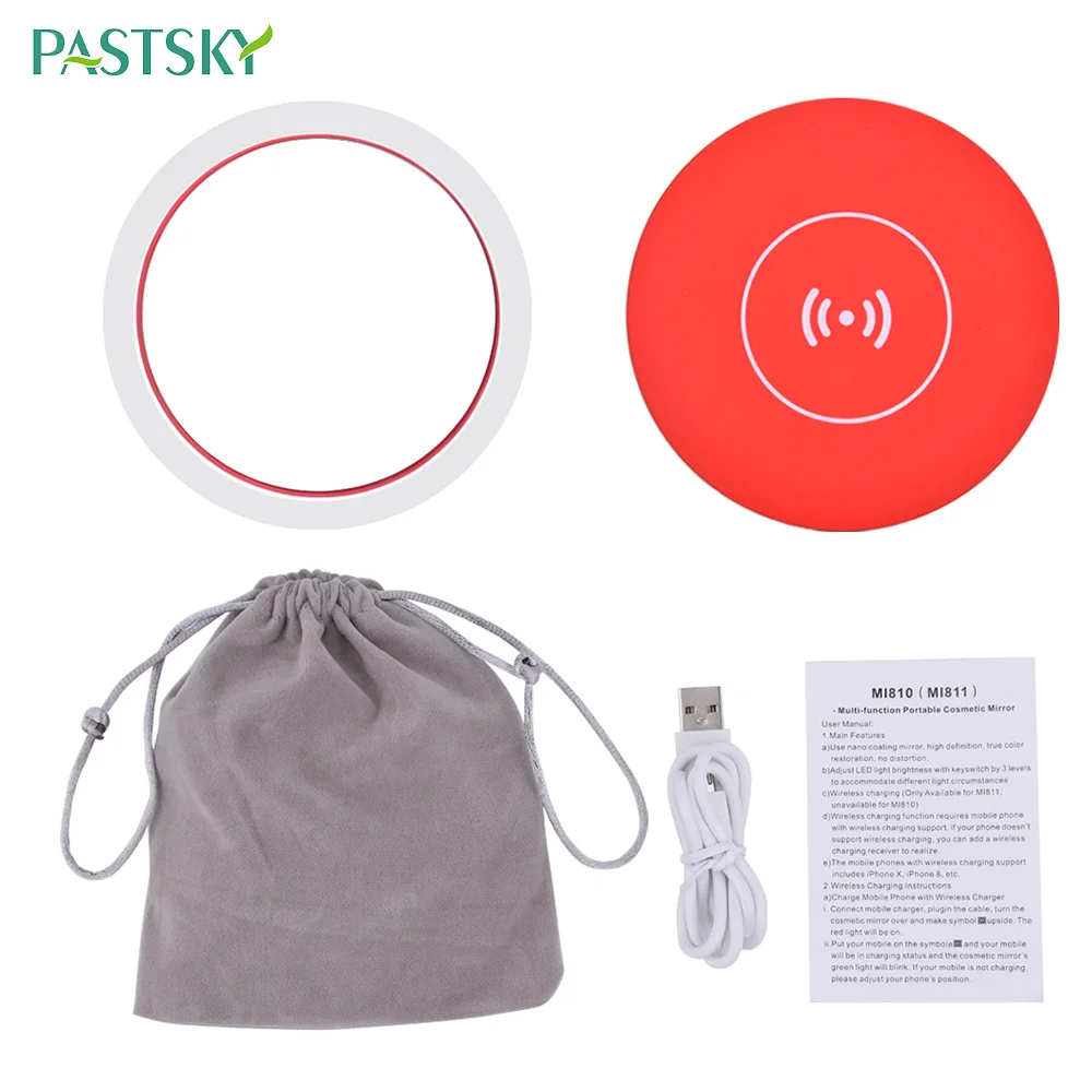 

Portable LED Lighted Mini Circular Makeup Mirror Wireless Charging Adjustable 3 Brightness Compact Travel Lighting USB