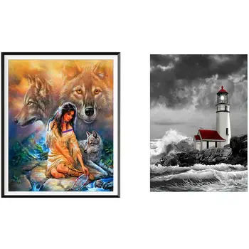 

2 Set 5D DIY Diamond Painting Cross Stitch Seaside House Round Diamond Embroidery Lighthouse & Beauty with Wolf