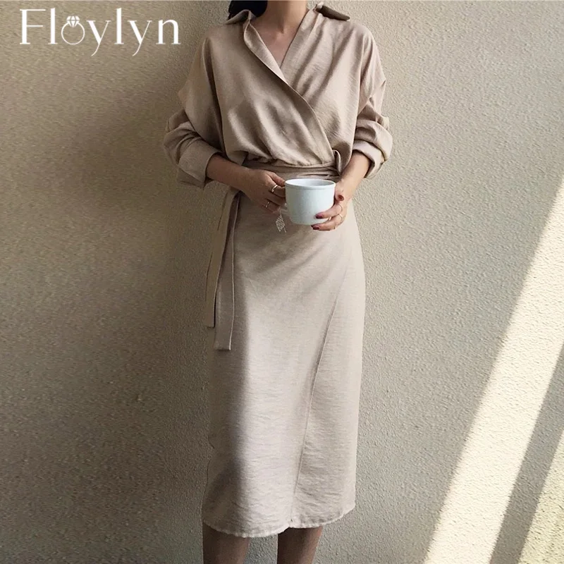 FLOYLYN повседневное однотонное миди платье с v образным вырезом со шнуровкой и
