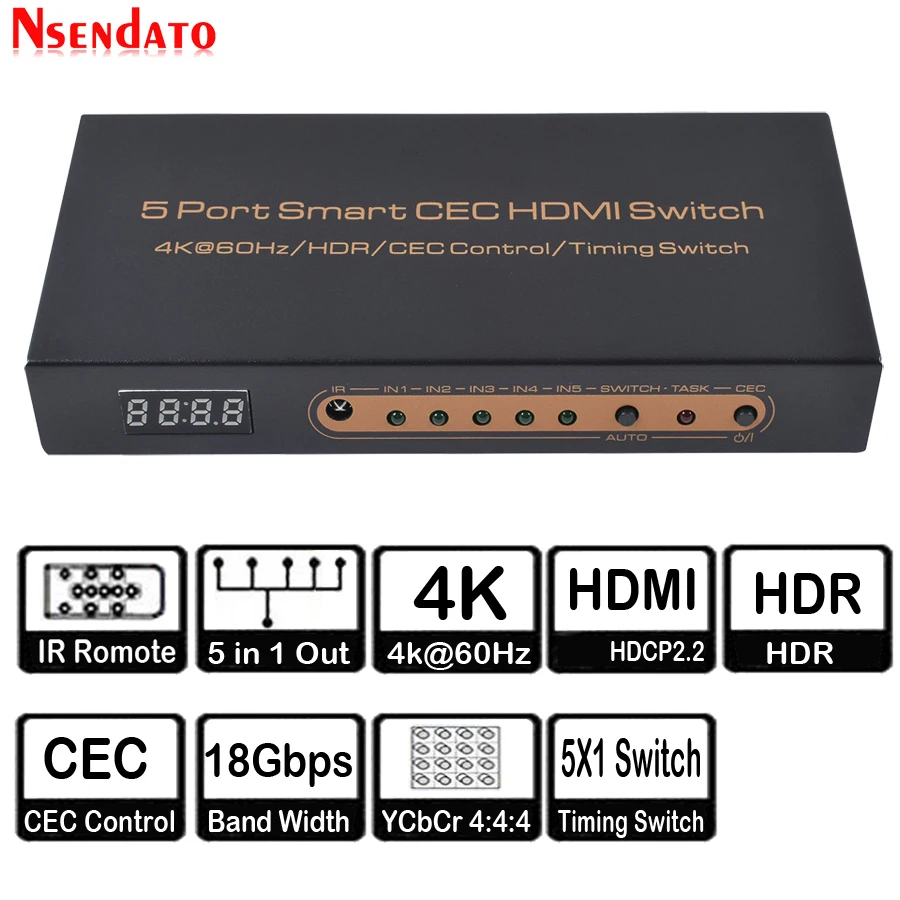 5 Port Smart CEC HDMI Timing Switch 4K 60Hz 18 Gbps 5x1 HDR HDMI Adapter Switcher With IR Romote fo