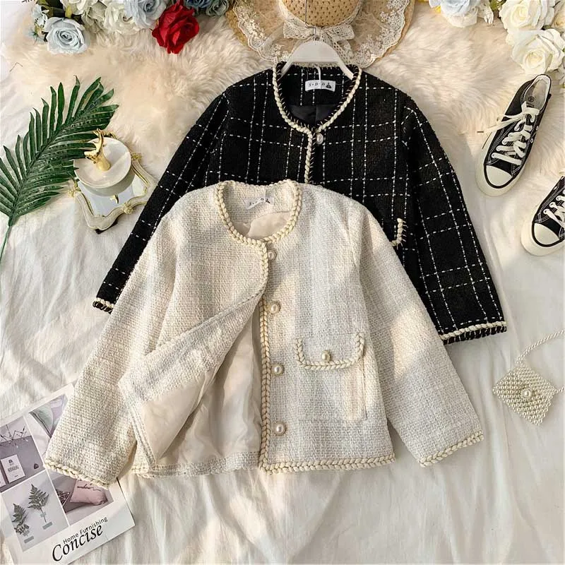 

Fashion black white patchwork tweed woolen coat women 2019 autumn korean clothing pearl buttons vintage female jackets & coats