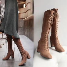 Женские зимние замшевые высокие сапоги из натуральной кожи с перекрестной шнуровкой спереди на Высоком толстом каблуке женские ботфорты на весну-осень 201805