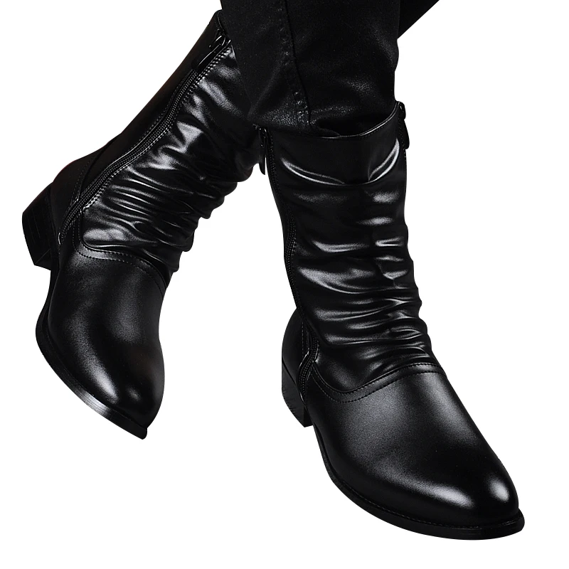Mens Leather Boots Idopy Spring Autumn Men Pointed Toe Lace Faux Leather Boots Male Punk Leather High Heels Shoes Zipper Booties