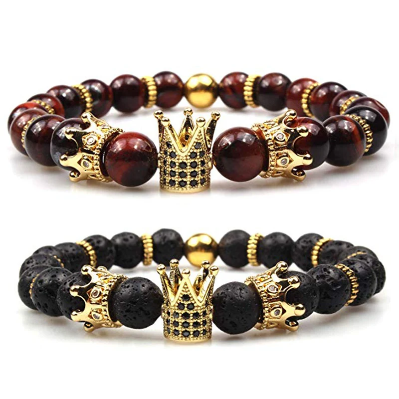 

2pc Imperial Crown Red Tiger Eye Stone Beads Bracelet King&Queen Luxury Charm Couple Jewelry Xmas Gift for Women Men