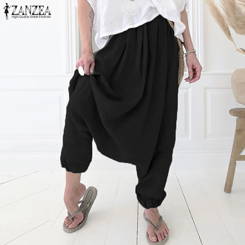 

2019 ZANZEA Autumn Fashion Drop Crotch Pants Women Casual Solid Elastic Waist Cotton Long Harem Pantalon Palazzo Trousers Femme