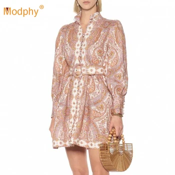 

Autumn Women's Lantern Long Sleeve Stand Collar Single Breasted Belt Printed A-line Dress Vestidos Celebrity Party Dress 2020