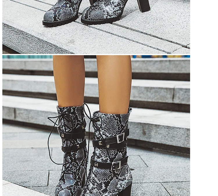 Пикантные женские ботинки из кожи питона; кожаные ботинки до середины икры на высоком каблуке со шнуровкой и ремешком; женская обувь; сезон осень-зима; botas zapatos mujer