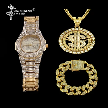 

Luxury Men Gold Silver Color Watch Hip Hop Men Watch & Bracelet & Necklace Combo Dollar Sign Pendant Hip Hop Men Jewelry Gifts