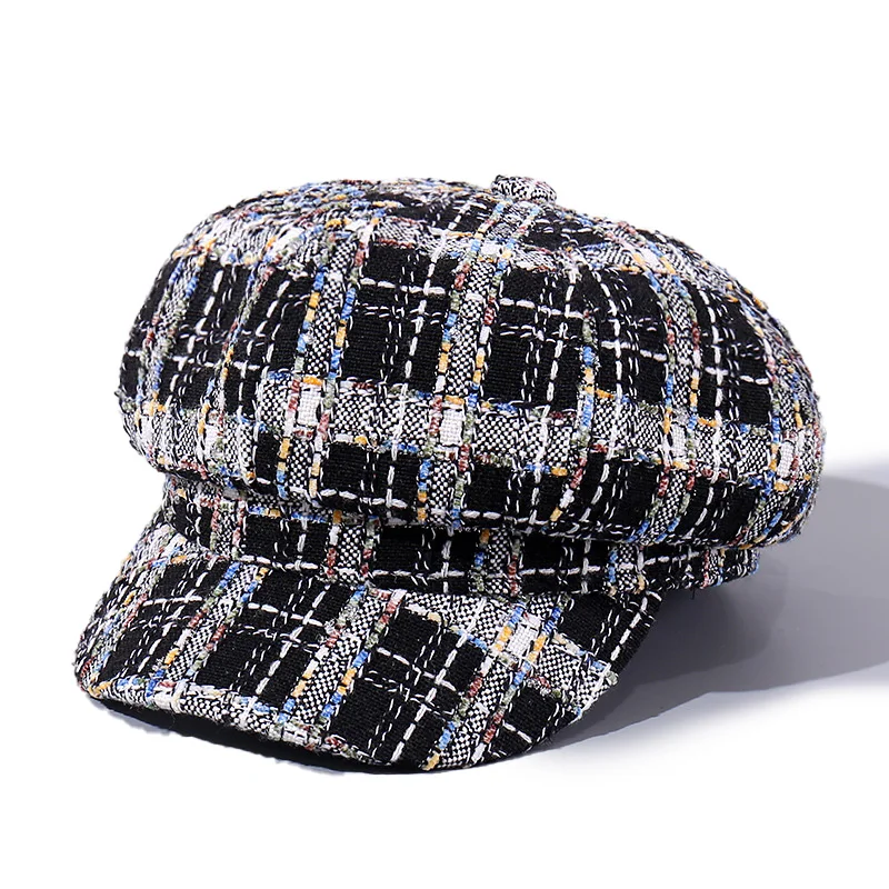 

2020 New Grid Wool Women Beret Autumn Winter Octagonal Cap Hats Stylish Artist Painter Newsboy Caps Black Grey Beret Hats