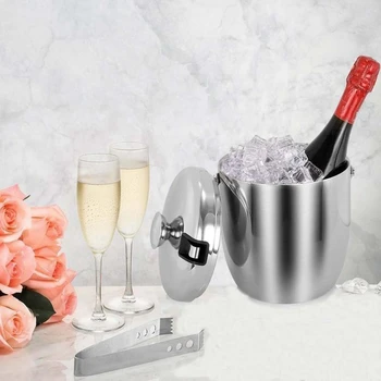 

Ice Bucket, Insulated Stainless Steel Double-Walled Ice Bucket with Lid, Stainless Steel Ice Tongs-Silver Color