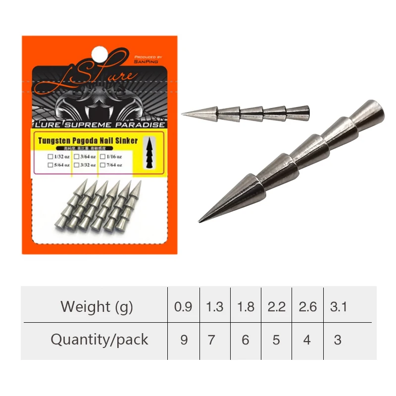 7PCS Tungsten Nail Weights for Bass Fishing Worm Nail Weights