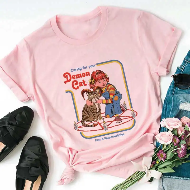 Модная женская Винтажная футболка в Корейском стиле, в стиле Харадзюку, 80 s, 90 s, забавная розовая Женская футболка с круглым вырезом и принтом Devil News Live