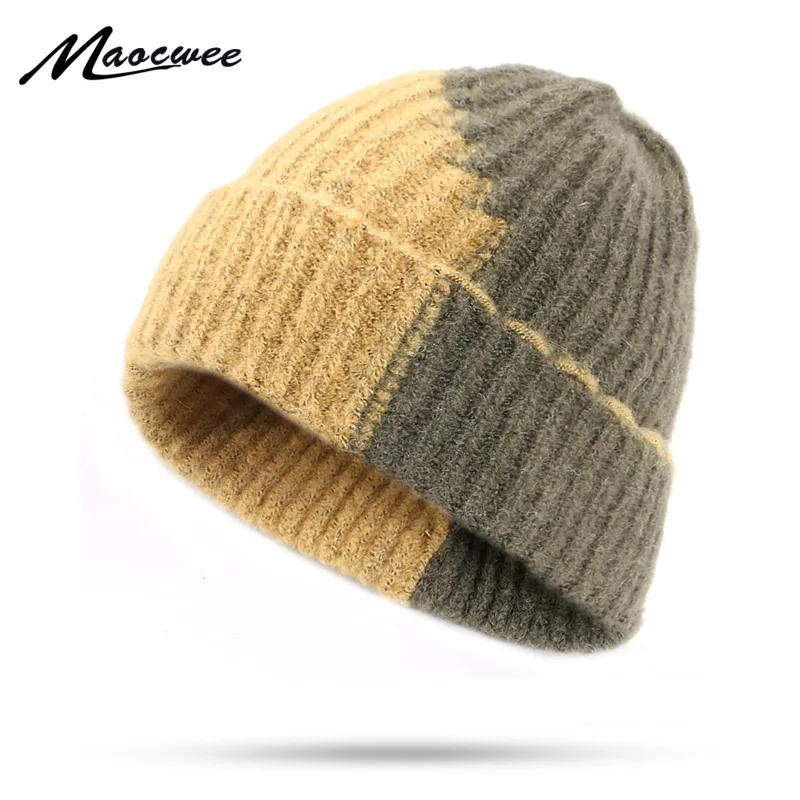 Зимняя двухцветная вязаная шапка в полоску, Женская Повседневная шапка, теплая женская мягкая утолщенная шапка, вязаная шапка-носок, Лыжная шапка