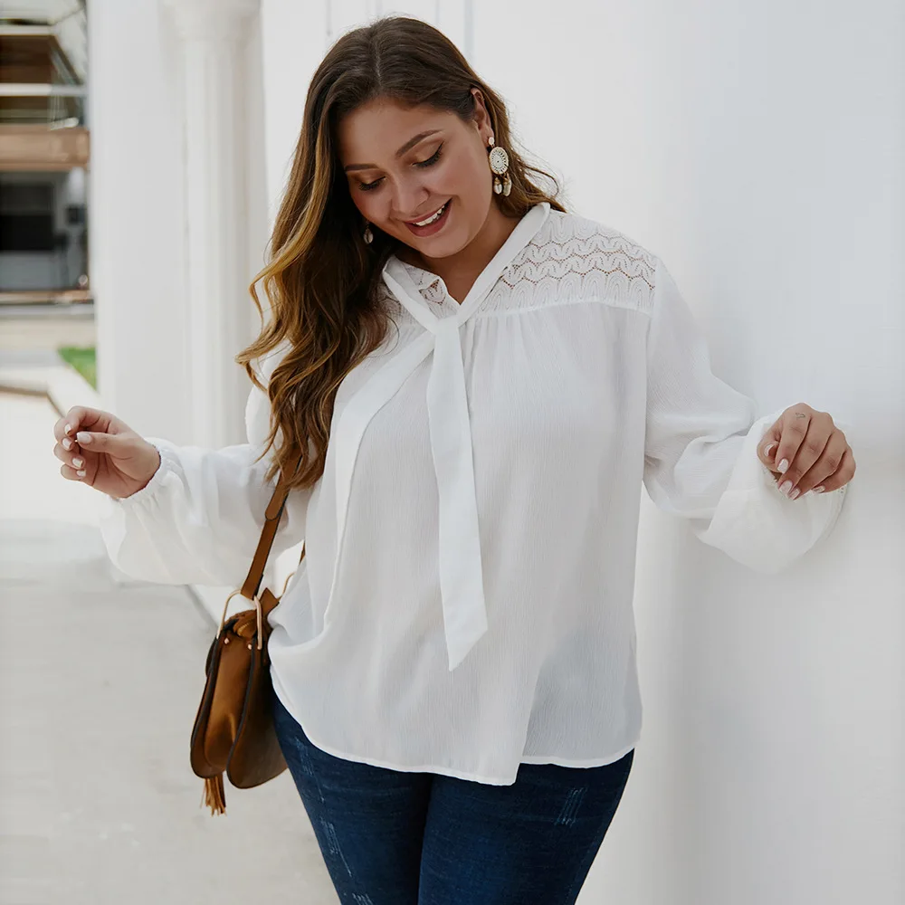 

Solid White Elegant Plus size Women Blouse Tied Neck Turn down Collar Lace Chiffion Blouse Autumn Long Lantern sleeve Casual Top