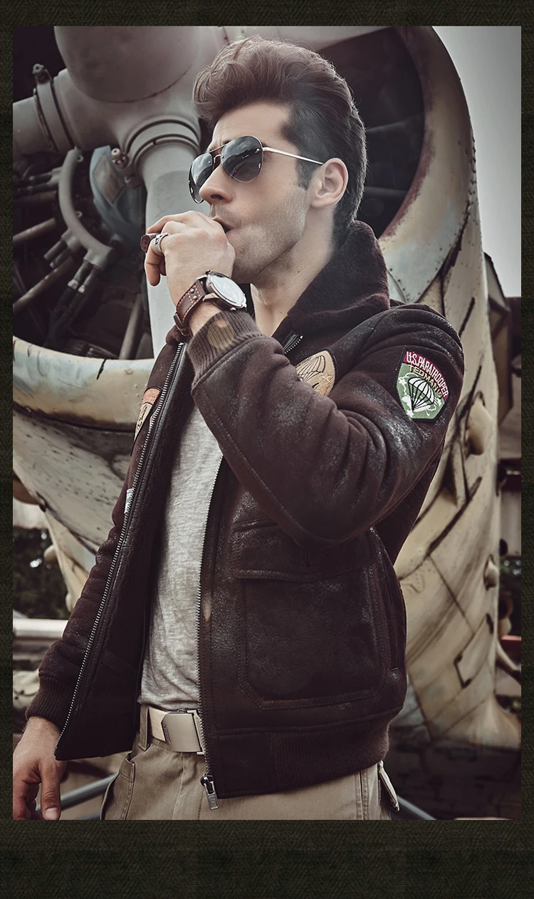 Men's Fur Jacket Short Leather Jacket Mans B3 Bomber Jacket Shearling Sheepskin Aviator Fur Coat Lambs Outerwear Flight Jacket