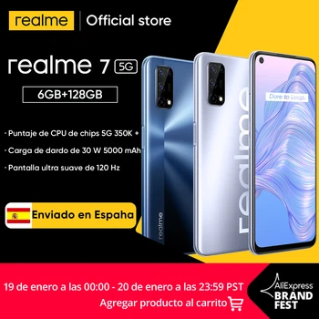 Перейти на Алиэкспресс и купить Предварительная продажа Корабль из ES realme 7 5G Dimensity 800U смартфон 6 ГБ 128 120 Гц Дисплей 48MP 5000 мА/ч, глобальная Версия Dart Charge 30 Вт