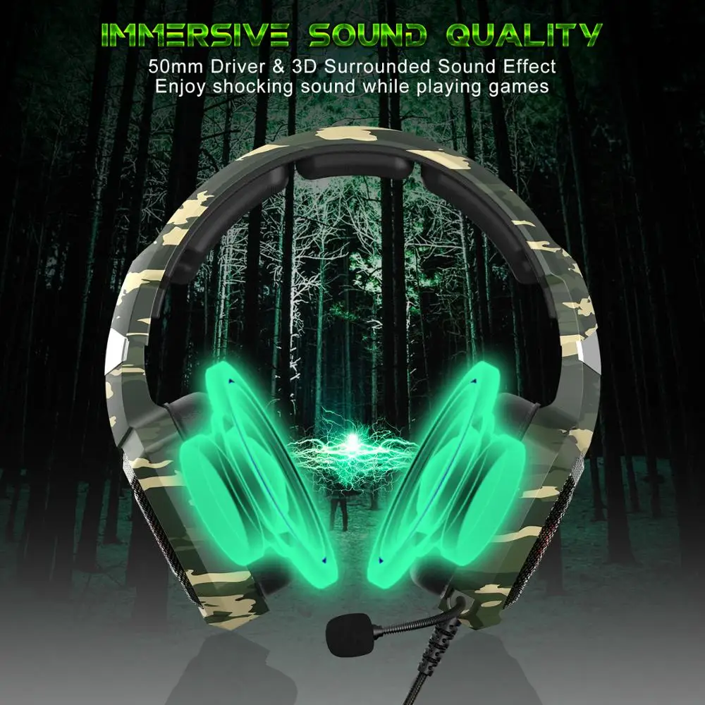 ONIKUMA K8 RGB Gaming Headphone PC Ps4 Headset with Mic Over Ear Camouflage Noise Cancelling with Adapter Wired Headset for Xone