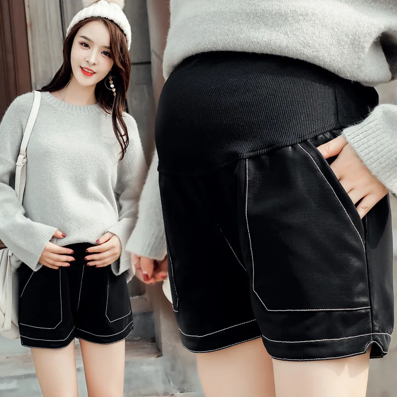 

Maternity Pants 2019 Autumn And Winter New Style Korean-style Versatile duan xue ku Outer Wear PU Leather Wide-Leg Abdominal Sup