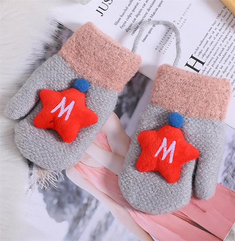 Зимние вязаные перчатки для мальчиков и девочек, детские теплые плюшевые варежки, Детские Висячие перчатки с веревкой, милый дизайн в стиле пэчворк