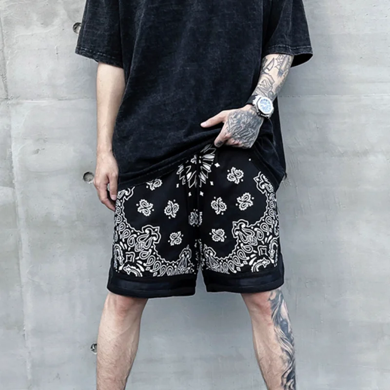 Hip Hop Loose Shorts Fashion Harajuku Printed Shorts Mens Summer Casual Elastic Waist Drewstring Streetwear Sportswear Joggers