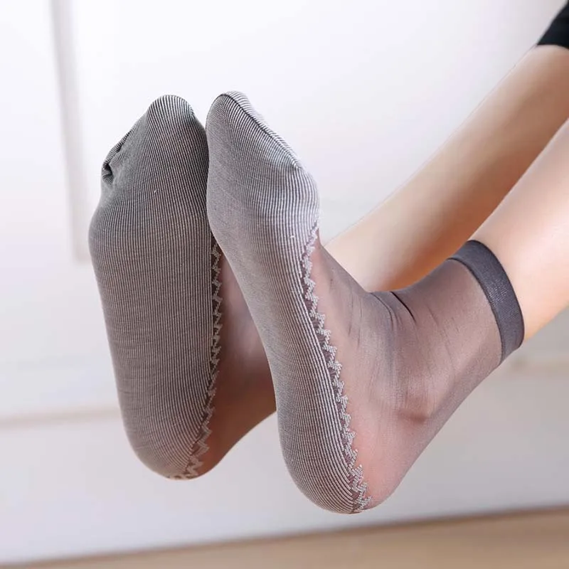 In Stock 1 Pair Spring Summer Women Soft Socks Casual Non-Slip Bottom Splice Fashion Transparent Ladies Girls Thin Silk Sock