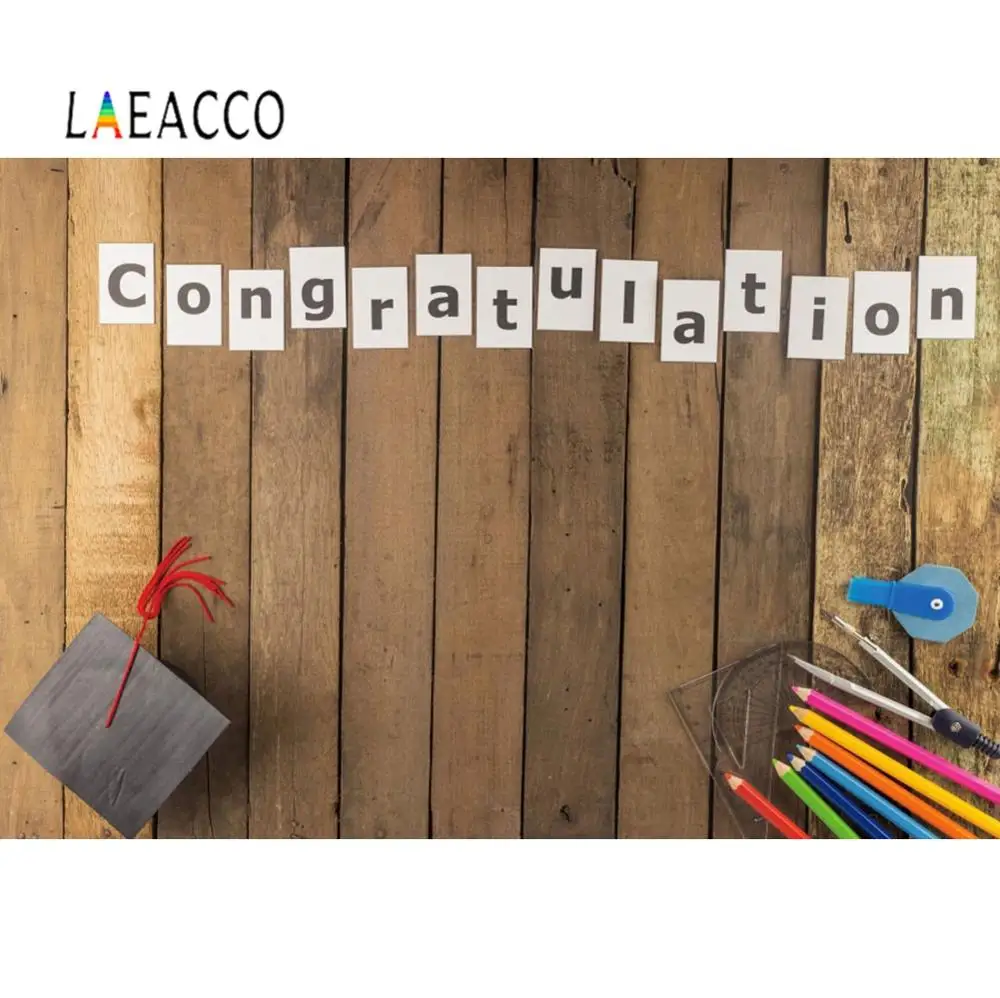 

Laeacco Woodern Board Congratulation Graduation Photo Backdrops Bachelor Cap Pen Vinly Photography Backgrounds For Photo Studio
