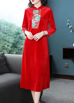 

Chinese new party embroidery dress velvet long Qipao for ladies