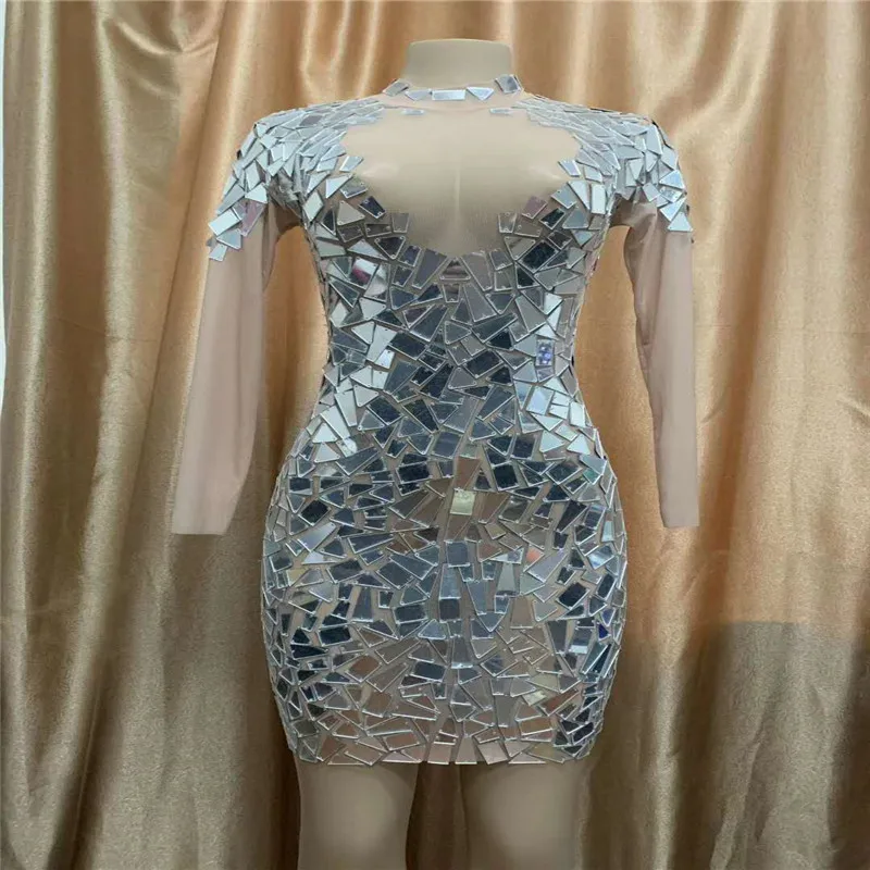 

T37 Perspective mesh female bar dance dress long sleeve disco silver mirror performance outfit party wear see-through hip skirt