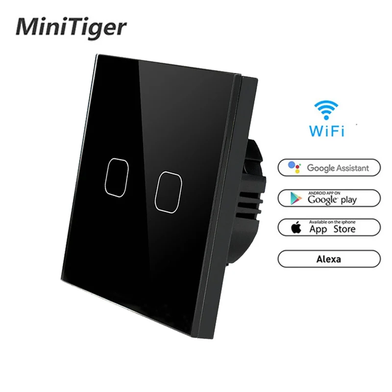 WiFi Black 2gang Minitiger ЕС/Великобритания wifi умный сенсорный переключатель приложение беспроводной дистанционный светильник настенный выключатель Хрустальная стеклянная панель работает с Alexa/Google Home - Цвет: WiFi Black 2gang