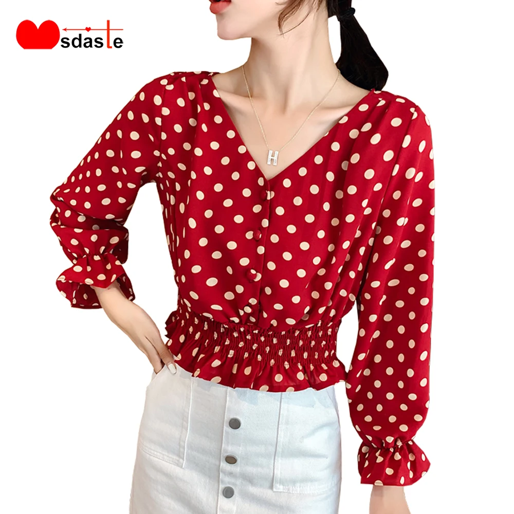 

2020 Spring New Women Shirts Top Long Sleeve Chiffon Shirt 2XL Dot Printed V Neck Female Blouses Summer Autumn Wear Ladies Tops