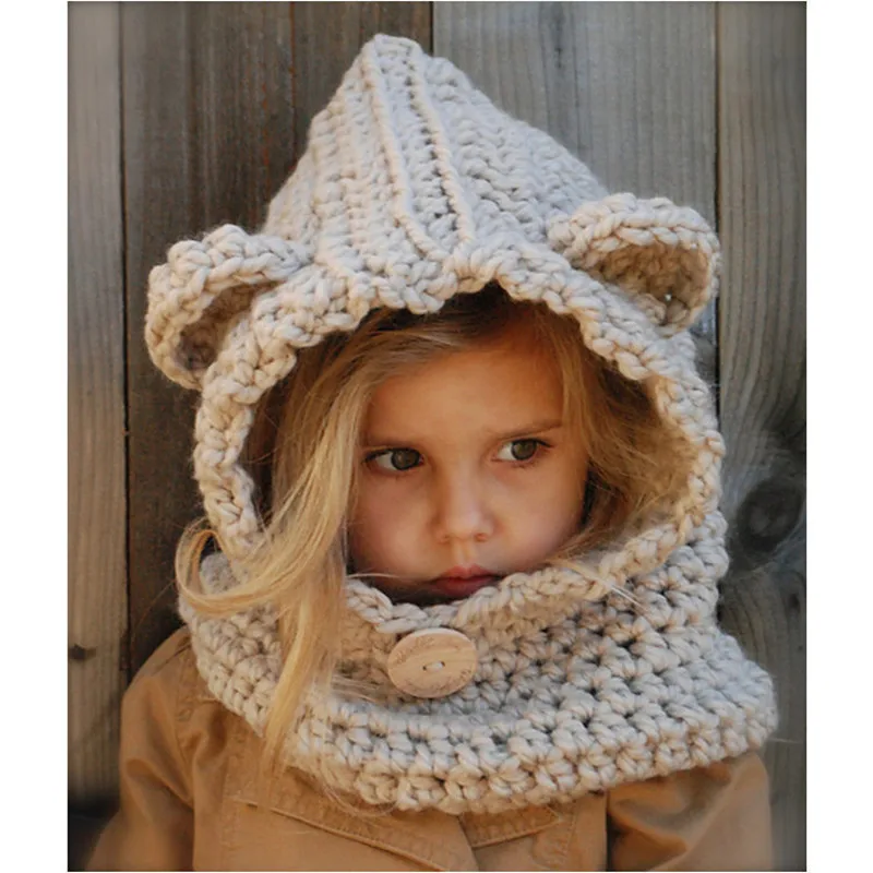 Осенне-зимний модный теплый шарф и шапка, комплект, Детская ветрозащитная шапка, вязаные шарфы ручной работы с мультяшными ушками для девочек возрастом от 3 до 10 лет