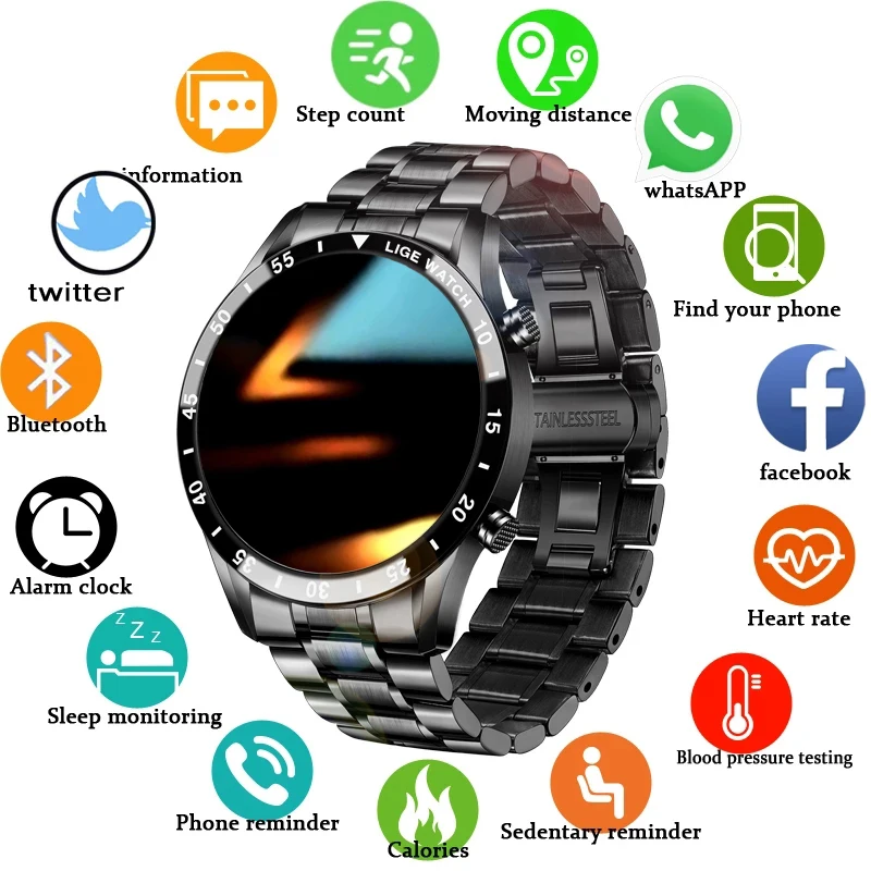 LIGE 2021 New Bluetooth Call watch Smart watch Men Full Touch fitness tracker Blood pressure Smart Clock Men Smart watch +Box