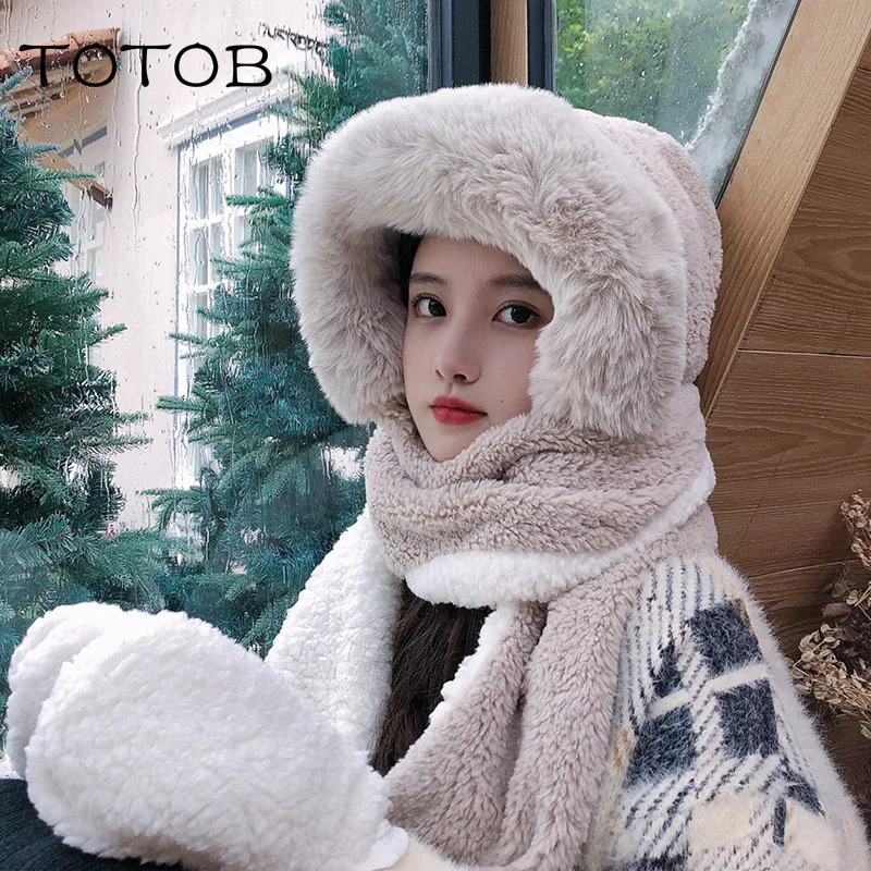 

Women's Korean version of cute double plush rabbit fur warm thick winter hat ladies ear protection neck hat outdoor thickening