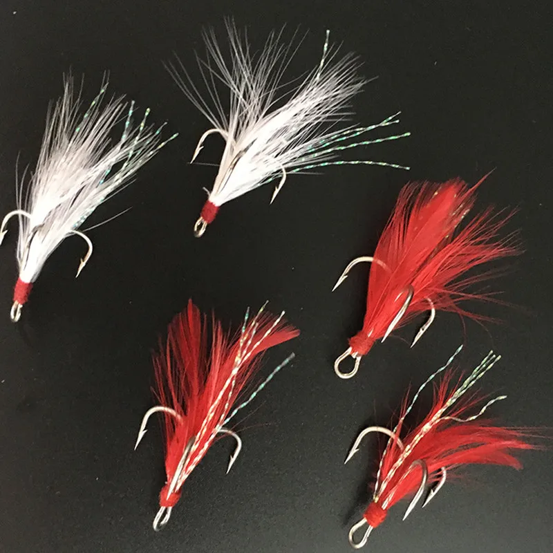 50pcs Red Treble Hook with White Feather Fishing Treble Hook 2# 4# 6# 8# 10# 