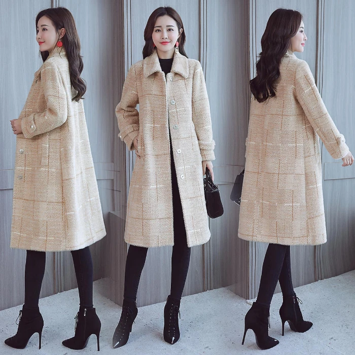 Новое шерстяное пальто женское корейское плюс бархатное плотное дамское плюс длинное дамское осеннее Женское зимнее пальто Экстра Размер ветронепроницаемое теплое кашемировое пальто
