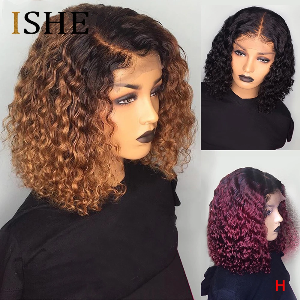1B/99J Ombre Borgoña pelucas de cabello humano corto Pre arrancado rizado rubio miel encaje frente peluca Bob 13X6 Remy brasileño peluca 150% ISHE